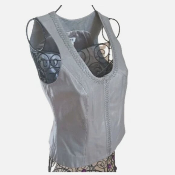 Vintage Cache' Soft Genuine Leather Zipped Front Vest Braided Trim Size 4 Grey - Picture 11 of 17